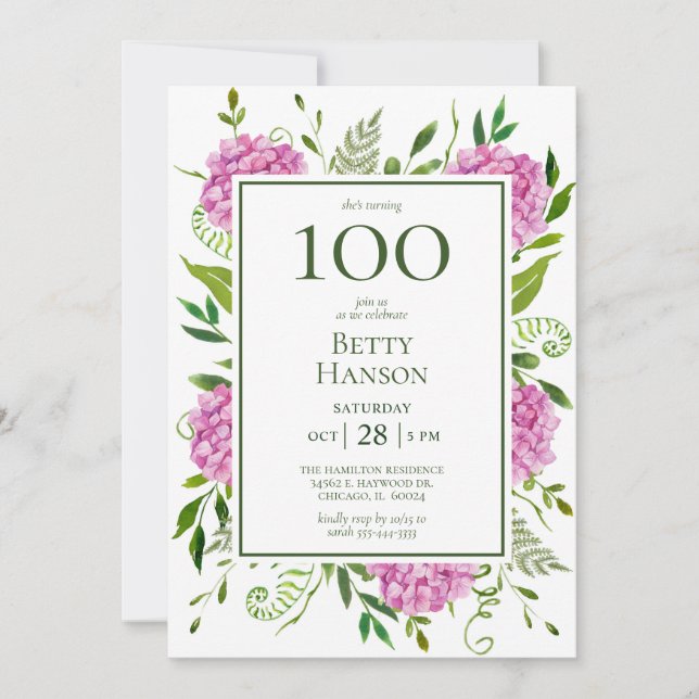 Invitation 100e anniversaire Pink Hydrangeas (Devant)