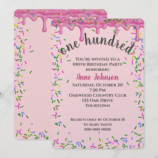Invitation 100e Anniversaire Pink Icing Et Sprinkles (Devant / Derrière)