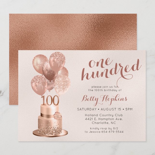 Invitation 100e anniversaire Rose Gold Cake (Devant / Derrière)