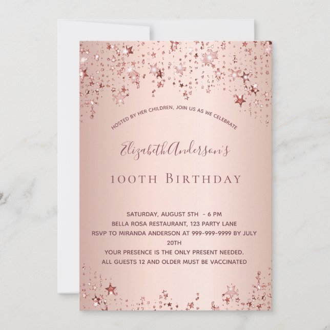 Invitation 100e anniversaire rose or étoiles sprinkle (Devant)
