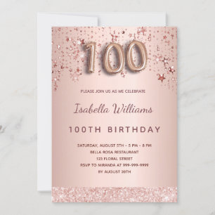 Invitation 100e anniversaire rose or rose étoiles script de b