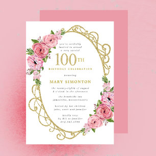 Invitation 100e anniversaire Rose Rose Floral Gold