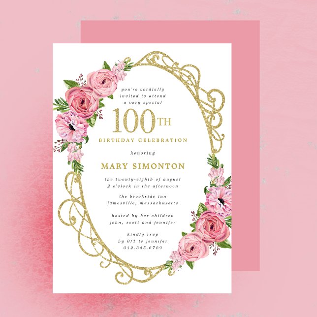 Invitation 100e anniversaire Rose Rose Floral Gold (Créateur téléchargé)