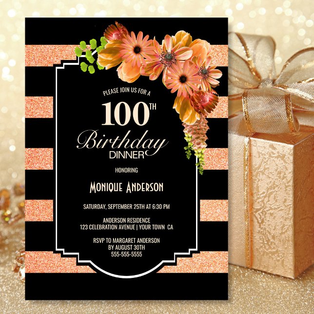 Invitation 100e anniversaire Soirée florale orange rayée (Créateur téléchargé)