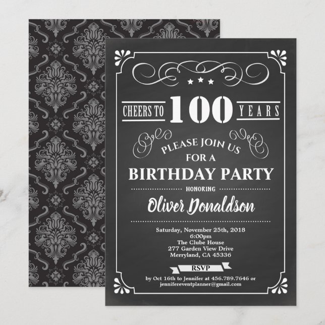 Invitation 100e anniversaire tableau noir et blanc (Devant / Derrière)