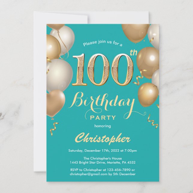 Invitation 100e anniversaire Turquoise et or Balloons Confett (Devant)