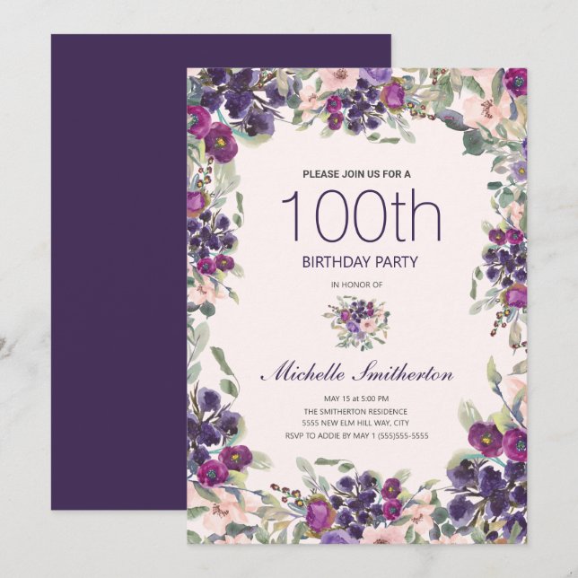 Invitation 100e anniversaire violet floral élégant chic (Devant / Derrière)