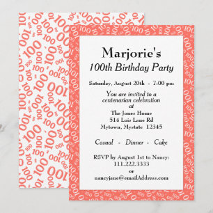 Invitation 100e fête d'anniversaire Coral/Motif numérique bla