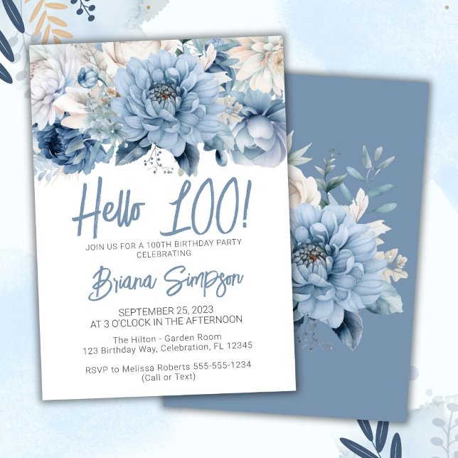 Invitation 100e fête d'anniversaire Dusty Blue Floral (Créateur téléchargé)