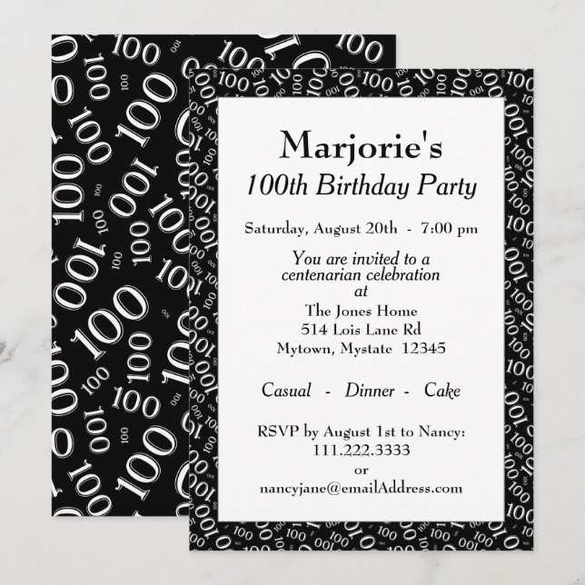 Invitation 100e fête d'anniversaire Noir/Blanc Motif numériqu (Devant / Derrière)