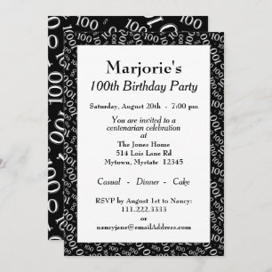 Invitation 100e fête d'anniversaire Noir/Blanc Motif numériqu