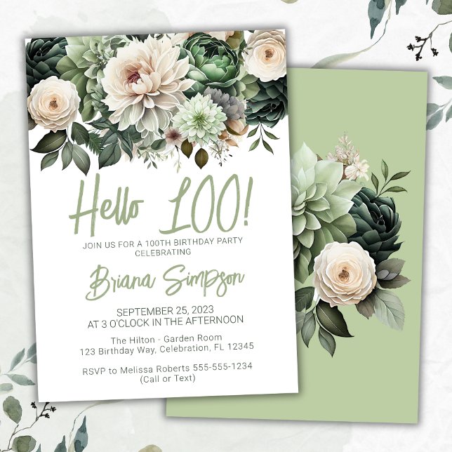 Invitation 100e fête d'anniversaire Sage Green Floral (Créateur téléchargé)