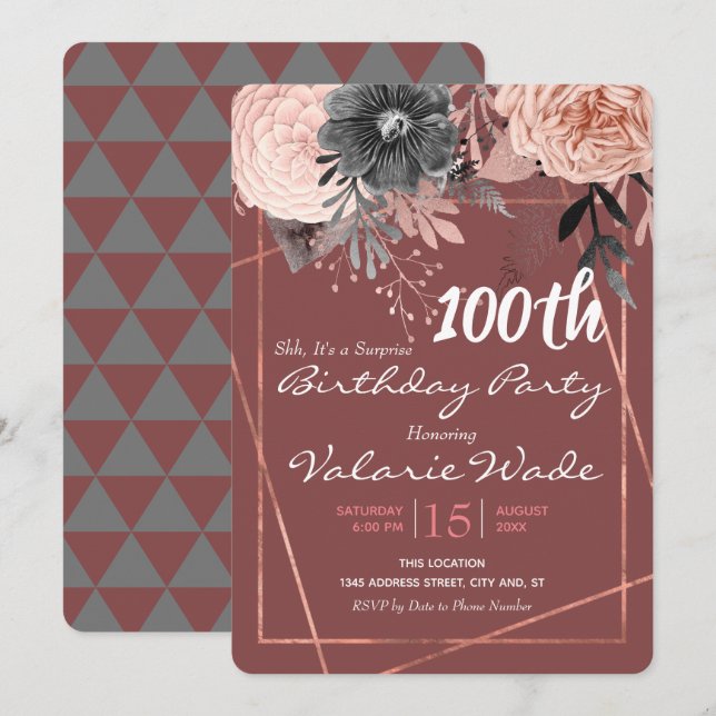 Invitation 100e fête d'anniversaire Suprise rose roses (Devant / Derrière)