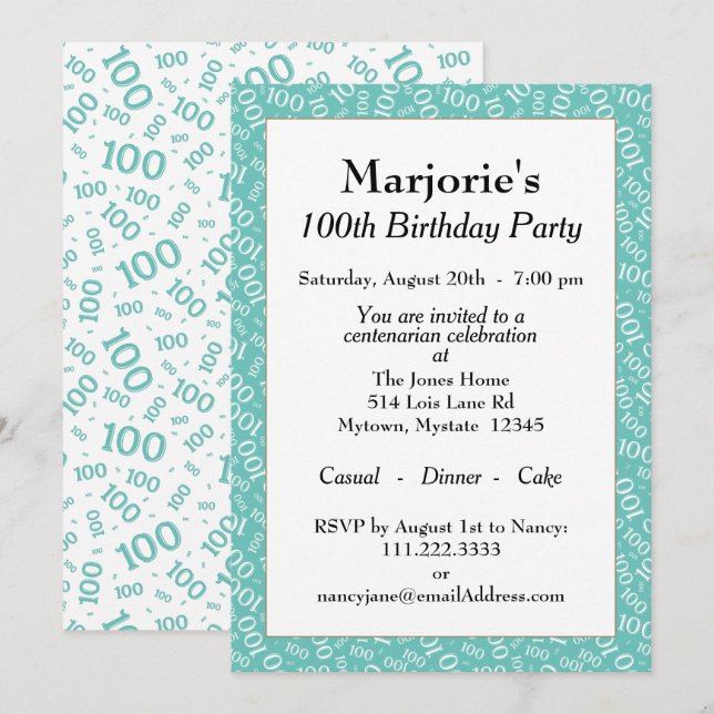 Invitation 100e fête d'anniversaire Turquoise/Motif numérique (Devant / Derrière)