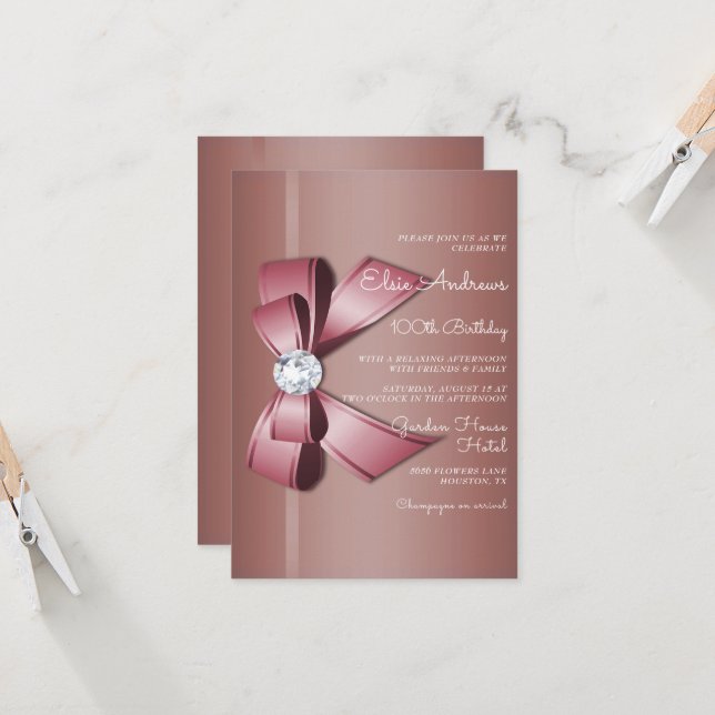 Invitation 100th Centenarian Jewel Bow & Ribbon Birthday (Devant/Arrière en situation)