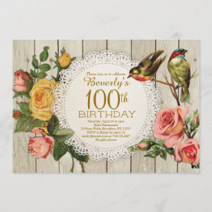 Invitation 100th Oiseaux floraux de rose rustique