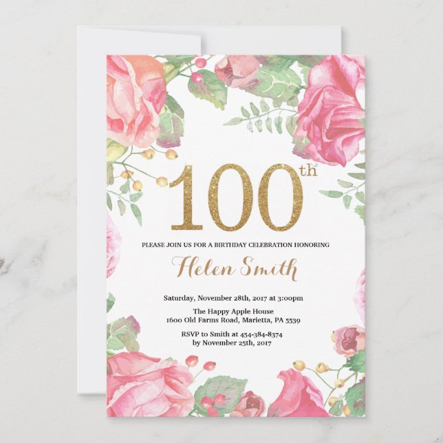Invitation 100th parties scintillantes florales d'or (Devant)