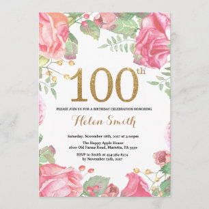 Invitation 100th parties scintillantes florales d'or