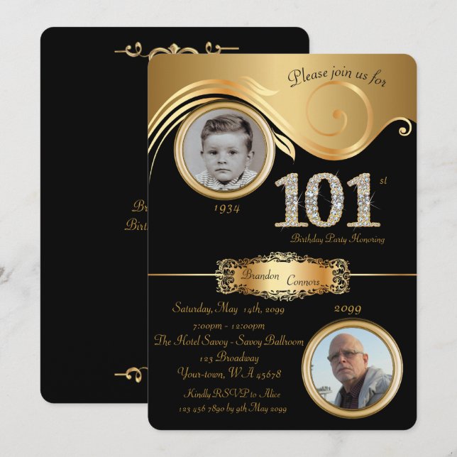 Invitation 101e, Anniversaire Homme 101e, élégant art déco, n (Devant / Derrière)