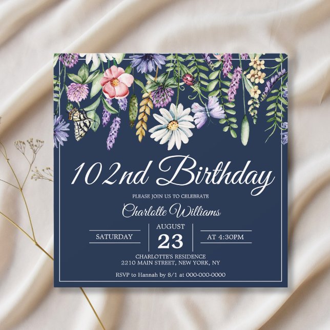 Invitation 102e anniversaire Marine Fleur sauvage Élégante 10 (102nd Birthday Wildflowers Navy Elegant 102 Years Invitation
)