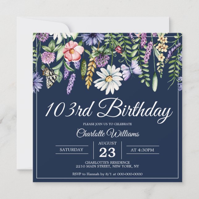 Invitation 103e anniversaire Marine Fleur sauvage Élégante 10 (Devant)