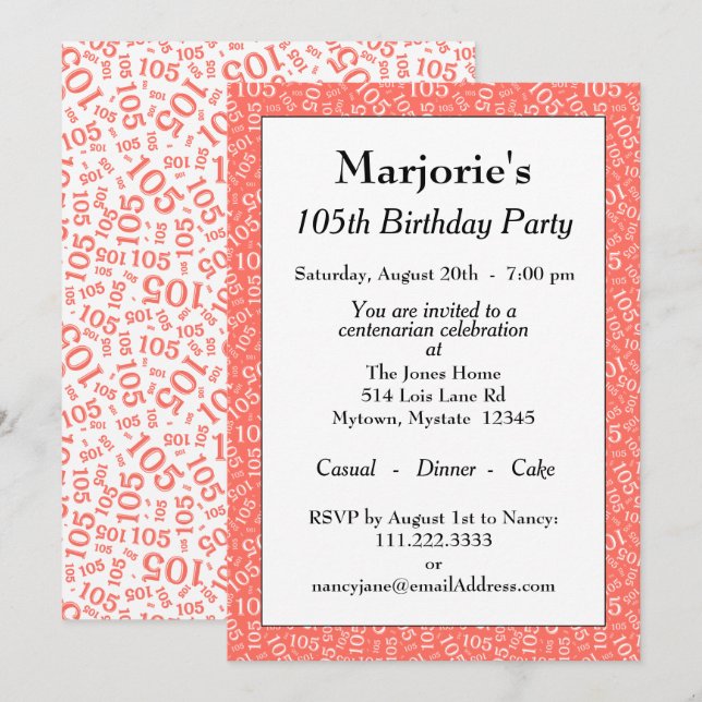 Invitation 105e anniversaire Coral/Blanc Motif de numéro aléa (Devant / Derrière)