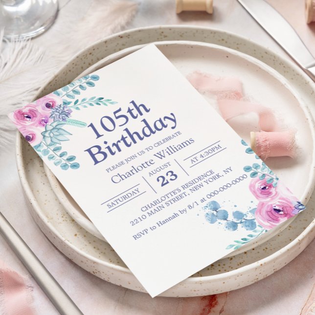 Invitation 105e anniversaire Floral rose 105 ans (105th Birthday Floral Pink 105 Years Invitation
)