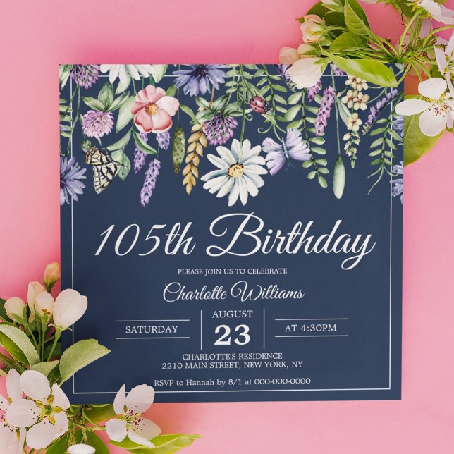 Invitation 105e anniversaire Marine Fleur sauvage Élégante 10 (105th Birthday Wildflowers Navy Elegant 105 Years Invitation
)
