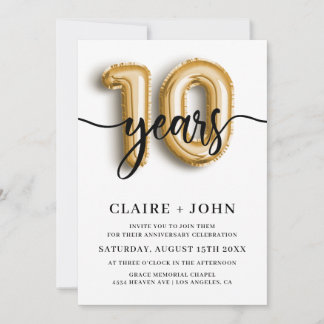 Invitation 10 ans de mariage - Anniversaire des Ballons en Or