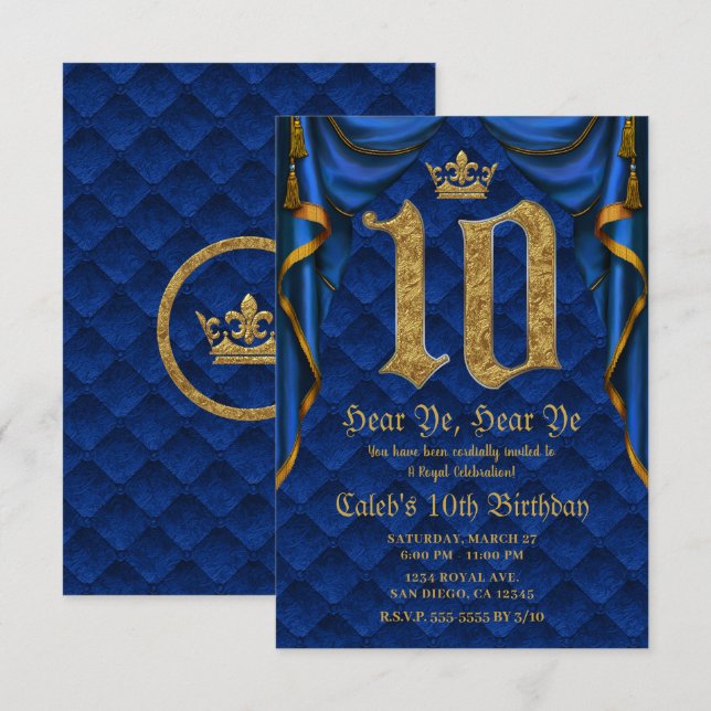 Invitation 10E 10 Anniversaire Royal Blue Gold Crown (Devant / Derrière)