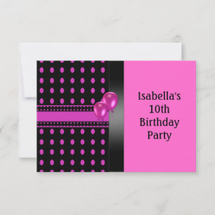 Invitation 10e anniversaire Black Pink Spots Motif & Ballons