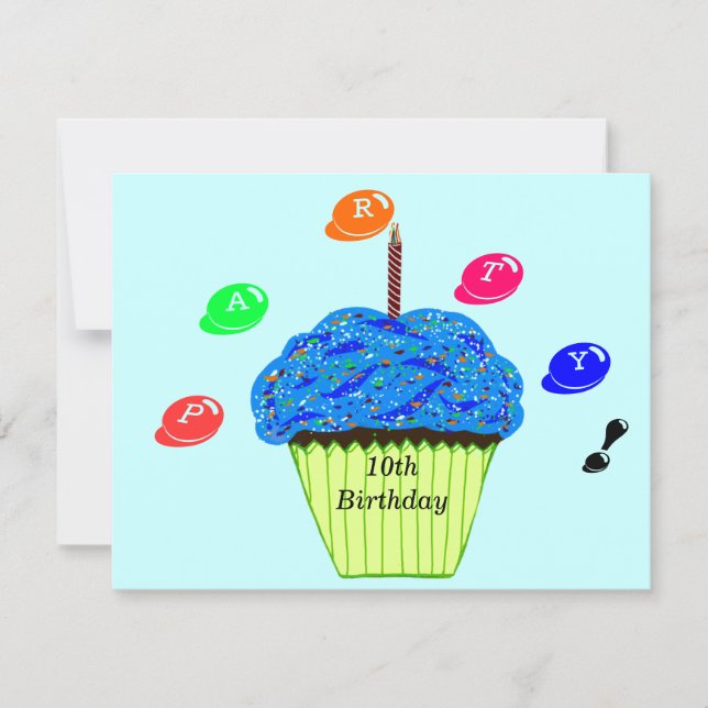 Invitation 10e anniversaire Blue Green Cupcakes Party (Devant)