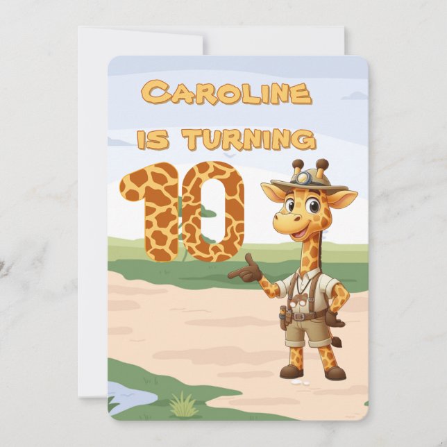 Invitation 10e anniversaire Cute Explorer Giraffe en safari (Devant)