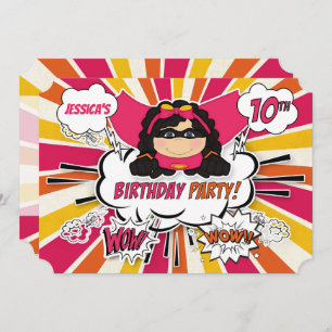Invitation 10e anniversaire de fête filles Superhero Pink Com
