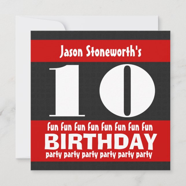 Invitation 10e anniversaire de la fête Noir Rouge Blanc W01A (Devant)
