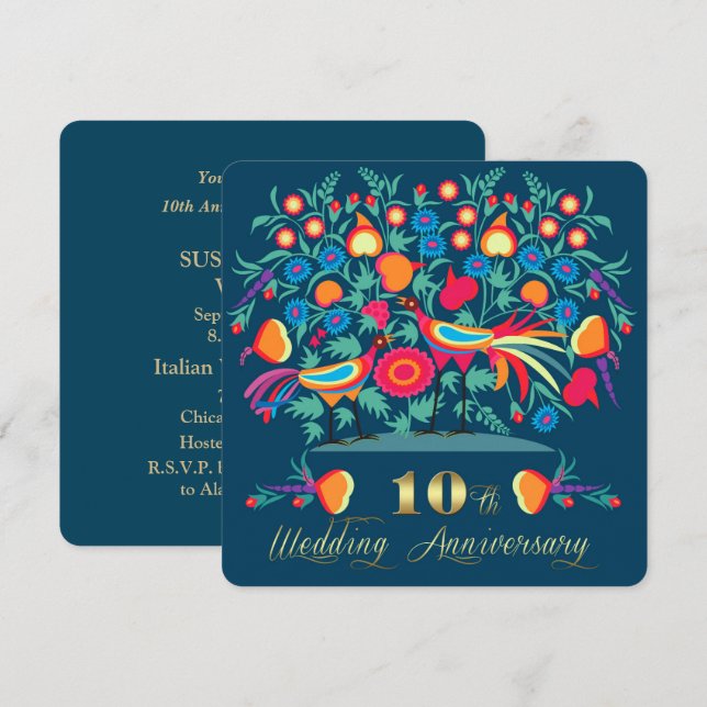Invitation 10e Anniversaire de Mariage Art Populaire (Devant / Derrière)