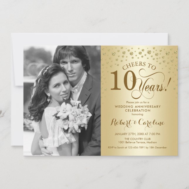 Invitation 10e anniversaire de Mariage avec photo - Or (Devant)