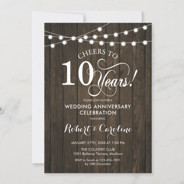Invitation 10e anniversaire de mariage - Bois rustique (Devant)