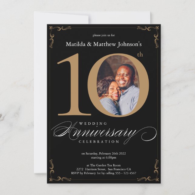 Invitation 10e anniversaire de mariage calligraphie noir or (Devant)