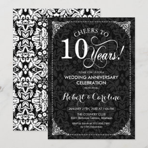 Invitation 10e anniversaire de mariage - Damassé noir et blan