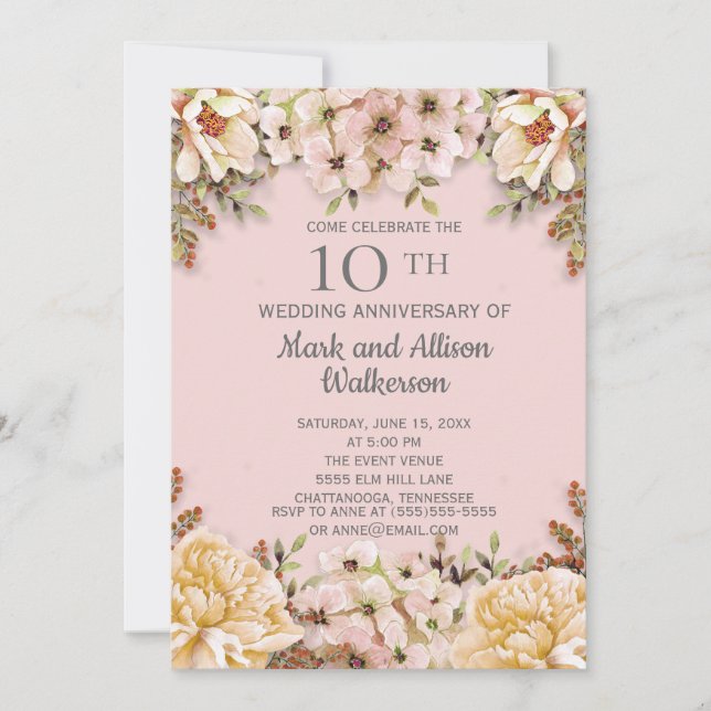 Invitation 10e anniversaire de mariage Fleurs en ivoire rose (Devant)