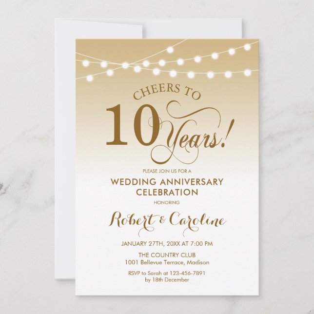 Invitation 10e anniversaire de mariage - Or Blanc (Devant)