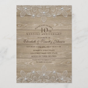 Invitation 10e anniversaire de mariage Rustique Bois Dentelle