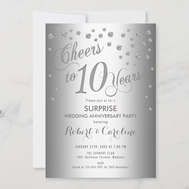 Invitation 10e anniversaire de mariage surprise - Argent (Devant)