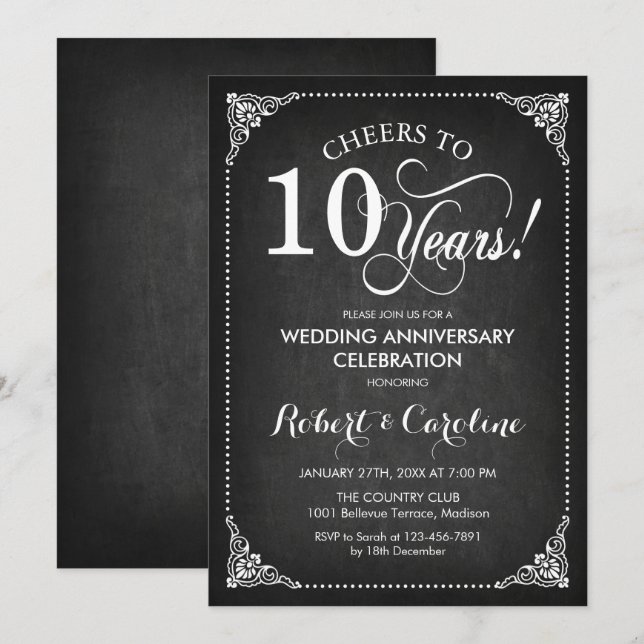 Invitation 10e anniversaire de mariage - Tableau noir blanc (Devant / Derrière)