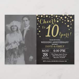 Invitation 10e anniversaire de mariage tableau noir et or