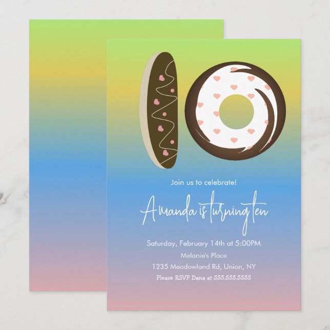 Invitation 10e anniversaire Donuts Rainbow Ombre Party (Devant / Derrière)