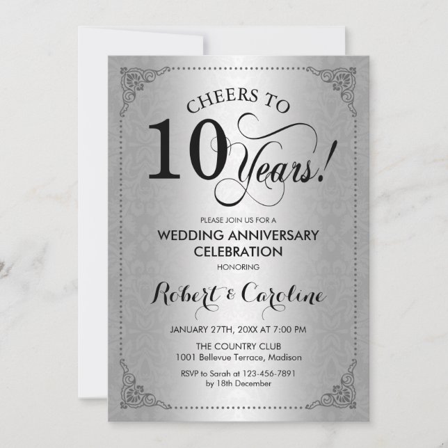 Invitation 10e anniversaire du Mariage - Damas noir d'argent (Devant)