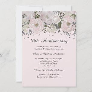 Invitation 10e anniversaire d'un bel argent rose rose