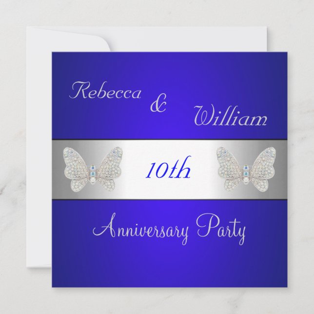 Invitation 10e anniversaire Elégant Cobalt & Papillon Argent (Devant)